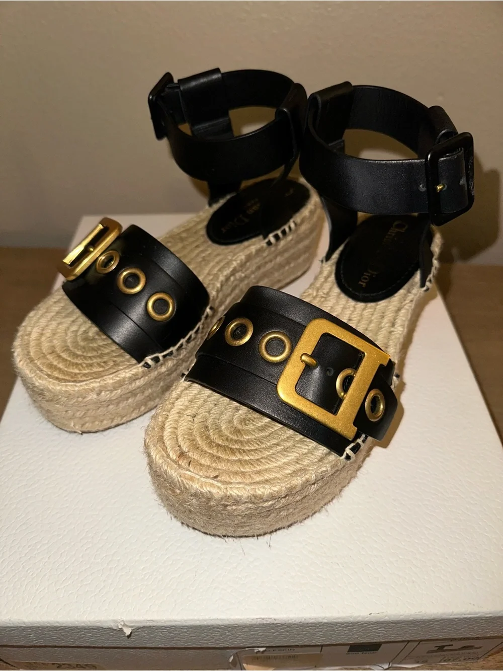D-Dior Black Calfskin Espadrille Platform Sandals